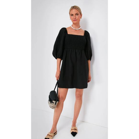 Tuckernuck Annie Smocked Linen Mini Dress Black S - Picture 1 of 10
